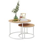 HOJINLINERO Industrial Round Coffee Table, Set of 2 End Tables for Living Room,Stacking Side Tables, Sturdy and Easy Assembly, Wood Look Accent Furniture with Metal Frame (White+Teak Oak)