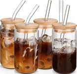 Iced Coffee Cups,Glass Cups with Lids and Straws 4 pcs,16 oz Glass Tumbler with Straw and Lid-Beer Glasses Drinking Set,Clear Cups as Coffee Bar Accessories Gifts Must Haves