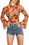 Verdusa Women's Bell Sleeve Lettuce Trim Mock Neck Floral Mesh Top Crop T Shirt Floral Orange X-Small