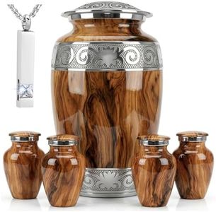 Metallic Wood-Grain Cremation Urn for Human Ashes – Includes 1 Large Hand-Engraved Adult Urn + 4 Keepsake Urns with Velvet Bags and a Memorial Necklac (Teak Wood, Set of 6)