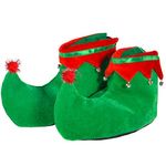 Skeleteen Red Green Elf Shoes - Red and Green Velvet Holiday Elf Feet Slippers with Jingle Bells for Adults and Kids, Red, Green, Gold, One Size