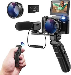 Cámara digital 4K, CCN 48MP Cámara de fotos con 180 ° Flip 3.0 "de pantalla, 16X Zoom Cámara compacta con trípode y micrófono, con lente gran angular y lente macro, mando a distancia, 32GB Card, Negro