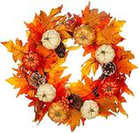 20" Autumn Wreath Fall Wreath Artificial Thanksgiving Decorations Halloween Front Door Wreath Harvest Farmhouse Wreath with Maple Leaf Pumpkins Pinecones Berries