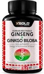 Korean Red Panax Ginseng 1200mg + Ginkgo Biloba - Extra Strength Root Extract Powder Supplement w/High Ginsenosides Vegan Capsules for Energy, Performance & Focus - Supplement for Men & Women