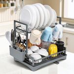 Vinsani Dish Drying Drainer Rack 2 Tier Space Saving Dish Rack Modern Kitchen Drying Rack with Cutlery Holder Auto Drainage System Dish Draining Rack for Kitchen Countertop (Grey)