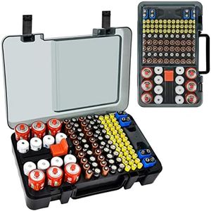 Battery Organizer Storage Case with Tester Checker. Batteries Holder Box Container for 120+ AA AAA 9V C D Lithium CR2025 CR1632 CR2032 Coin Cell Battery with Wall-Mounted Design -Black