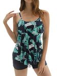 MiYang Women's 2 Piece Flounce Sunflower Printed Top with Boyshorts Tankini Swimsuits Navy Leaves Large