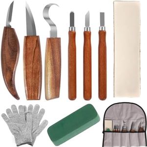 10Pcs Wood Carving Tools, Whittling Kit for Beginners, Walnut Handle Hand Carving Chisel Knife Set with 6 Carving Cutters Cut Resistant Gloves, Wood Carving Gouges for Engraving Carpenter Woodworking