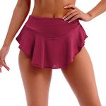 IBAKOM Women High Waist Ruffle Skorts Yoga Jogging Gym Workout Hipster Rave Bottoms Stage Pole Dance Mini Hot Pants Activewear Lingerie Skirts Wine Red M