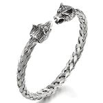 COOLSTEELANDBEYOND Mens Wolf Head Bracelet Steel Braided Cable Bangle Cuff Bracelet Silver Color Polished, Adjustable(CA)