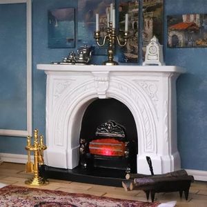 iLAND Dollhouse Furniture and Accessories of Dollhouse Fireplace on 1/12 Scale w/Fire Light & Firewood Rack & Fireplace Tool Kit (Neoclassical 4pcs)