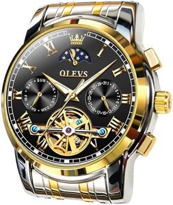 OLEVS Luxury Automatic Movement Watch Men Mechanical Waterproof Stainless Steel Moon Phase Wrist Watch Hands Roman Tourbillon Skeleton Self Winding Wristwatch (No Battery Required)