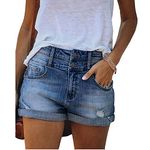 Bichingda Casual Denim Shorts for Women High Waist Frayed Hem Ripped Summer Jeans Short Hot Pants with Pockets Dark Blue
