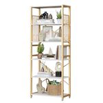 TREETALK 6 Tier Bookshelf, Standing Bookcase with 2 X-shape Strips,Metal Mesh Side Panels, 8 S-shaped Hooks, Industrial Storage Rack for Office, Living Room (Gold)