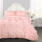 Lush Decor Ruffled Textured 3 Piece King Size Bedding Set, Polyester, Peachy Pink