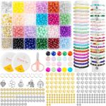 SANNIDHI® 1258pcs Glass Beads for Jewellery Making, Resin Round Beads for Bracelet Making, 6mm Colorful Crystal Beads Set with Charms, Spacers & Tools for Girls DIY Crafts, Bracelets, Necklaces