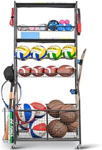 Mythinglogic Garage Sports Equipment Organizer, Ball Storage Extra Large Capacity Six Tier Sports Organizer for Garage, Basketball Rack with Hooks and Baskets for Football, Soccer Ball, Bat, Toys