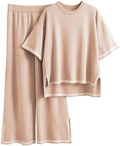 Tanming Sweater Sets Women 2 Piece Lounge Sets Short Sleeve Knit Pullover Tops Wide Leg Pants, Khaki, X-Large (W1011C)