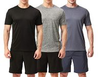 TEX2FIT Men's 3 Pack Active Sport Quick Dry T-Shirts (3 pcs Set) (Black/Dark Grey/Light Grey, L)