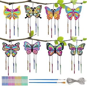 Leonshco Lot de 43 carillons éoliens pour enfants - Papillon en bois - Bricolage avec pinceau - Double face - Décoration suspendue - Convient pour Pâques, Noël, cadeaux d'anniversaire