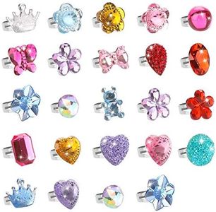 Hifot 24 pcs Girls Crystal Adjustable Rings, Princess Jewelry Finger Rings with Heart Shape Box, Girl Pretend Play and Dress up Rings for Children Kids Little Girls - Random