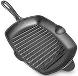 nuovva Pre-Seasoned Cast Iron Griddle Frying Pan - Square Enamelled Grill Pan - 28cm (Black)