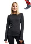 Merino Wool Base Layer Women 100% Merino Wool Lite, Midweight, Heavyweight Long Sleeve Thermal Shirts + Wool Socks (Large, Charcoal Grey 250)