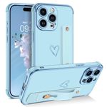 BENTOBEN for iPhone 15 Pro Max Case, Phone Case iPhone 15 Pro Max for Women Girls, Cute Heart Adjustable Strap Wristband Kickstand Holder Shockproof Soft TPU Bumper Luxury Plating Cover, Blue