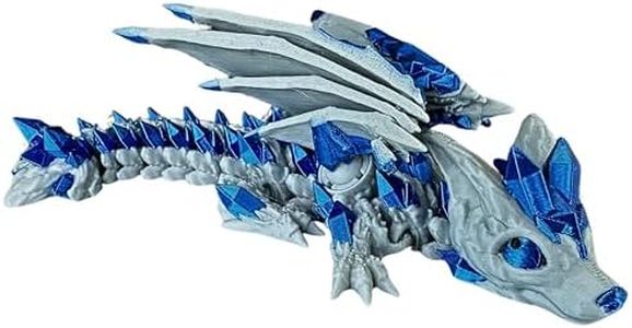 3D Printed Wolf Dragon with Articulating Parts and Moving Wings - Unique Collectible Figurine - Grey and Metallic Blue