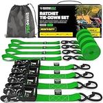 Rhino USA Ratchet Straps Heavy Duty Kit (4-Pack) - 1.6 Inch x 8 Feet (5,208lb Break Strength) - Ultimate Tie Down Straps with Safety S Hooks for Trucks, ATV, UTV, Motorcycle, Cargo & More - Green