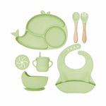 Kids Station Whale Design 8-Piece Silicone Feeding Set for Babies | BPA-Free, Suction Bowl, Plate, Spoon, Fork, Bib, Cup & Straw – Dishwasher Safe | Ideal for Infants & Toddlers (Pack of 8, Green)