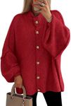 PRETTYGARDEN Women's Winter Button Down Cardigan Sweaters Mock Neck Lantern Long Sleeve Chunky Knit Jacket Trendy Outerwear (Jujube Red,Large)