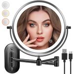 Auxmir Rechargeable Wall Mounted Lighted Makeup Mirror, 8" Double Sided 1X/10X Magnifying Vanity Mirror, 3 Color Lights Touch Dimmable Bathroom Cosmetic Mirror with 360° Swivel Extendable Arm, Black