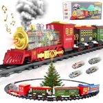 deAO Christmas Train Set for Kids, Electric Christmas Tree Train Set with Light, Sounds and Smoke Effect, Christmas Train Sets for Under Christmas Tree with 4 Random Alloy Cars