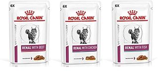 Royal Canin Feline Renal Mix of 6x Tuna 6x Chicken 6x Beef Cat Food each 85gram (Pack of 18)