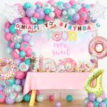 110 PCs Donut 4th Birthday Party Decorations, Hombae Four Ever Sweet Birthday Decorations for Girl Backdrop Balloon Garland Banner Tablecloth Cake Cupcake Topper Patel Colorful