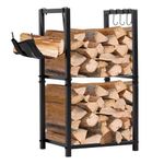 nalone Firewood Rack Indoor, Small Outdoor Firewood Log Storage Rack, 2-Tier Wood Holder with 6 Hooks, Firewood Stand for Indoor Fireplace, Outdoor Patio, Fire Pit, Stove