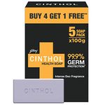 Cinthol Health+ Soap, 100g (Pack of 5) - 99.9% Germ Protection | Insta Deo Fragrance | Soaps For Bath | Grade 1 Soap | For All Skin Types