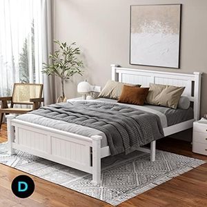 ALFORDSON Double Bed Frame Wooden Bed Base with Solid Wood Pine Timber Slats, Mattress Base Platform with Storage Space, White Bed Foundation with High Headboard, Arne Series Bedroom Furniture