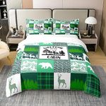 Hunting Bear Deer 100% Cotton Duvet Cover King,Rustic Farmhouse Cabin Comforter Cover,Camouflage Arrows Patchwork Bedding Set,Checkered Buffalo Plaid Quilt Cover with Zipper,Green