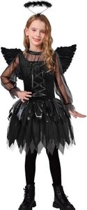 SIZGAROOT Fallen Angel Costume Girls Halloween Dark Black Angel Costume for Kids with Halo and Wings