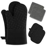 Oven Mitts for Kitchen, Oven Mitts and Pot Holders 6pcs Set Kitchen Oven Glove Heat Resistant 550 Degree with Non-Slip Silicone Surface for for Baking, Cooking, BBQ (Black)