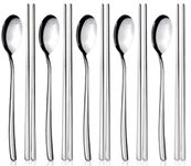 5 Pairs Chopsticks and 5 Spoons Set, YFWOOD 10 Pieces Korean Stainless Steel Chopsticks Spoons, Kitchen Reusable Metal Flat Long Handle Chopstick Spoon Set for Home, Kitchen or Restaurant