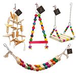 PETZOO Bundle of 4 Wooden Bird Toys Swing, Ladder, Perch, Chew Toy Hanging Cage Toy Resting Toy Chew Toy for Your Birds, Parrots, Finches, African Gray, Conure Activity