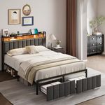 MEIJUJIA Queen Bed Frame with 2 Storage Drawers and LED Lights Headboard, Upholstered Bed Frame Queen Size with Charging Station, No Box Spring Needed, Easy Assembly - Grey