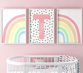 Rainbow Set of 3 Personalised Unframed Poster Prints, Girls Boys Nursery Decor Wall Art, Playroom Poster, Bedroom Prints, Pastel Rainbow Blue Polka Dot (A4)