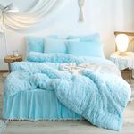 Blue Fluffy Comforter Cover Set Twin ，Faux Fur Light Blue Twin Bed Comforter Cover Set 2 Pieces(1 Plush Duvet Cover +1 Faux Fur Pillowcases) Girls Bedding Sets Twin,Solid Color (Blue, Twin)