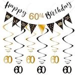 60th Birthday Decoration Kit for Men, Happy 60th Birthday Banner Bunting Swirls Streamers, Triangle Flag Banner for Birthday Party Decorations Supplies Black and Gold 60th