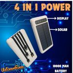 Solar Power Bank, 10000mAh, 15W Fast Charging, Solar Panel, 4-in-1 Cables, 4 Output Ports, 3 Input, Digital Display, LED Torch, for iPhone, Smartphones (Black, Lithium Polymer)