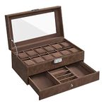 SONGMICS Watch Box, Watch Case with Glass Lid, 2-Tier Watch Display Case for 12 Watches, Lockable, 1 Drawer, for Rings, Bracelets, Gift Idea, Brown Synthetic Leather, Brown Lining JWB012K01